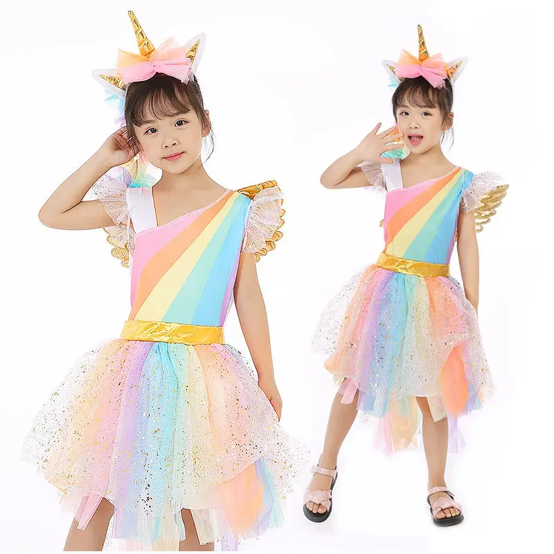 

Retail Children Girl Costume Rainbow Unicorn Dress Kids Girl Halloween Party Dress With Head wear+Wing Girl Tutu Dress DJS01