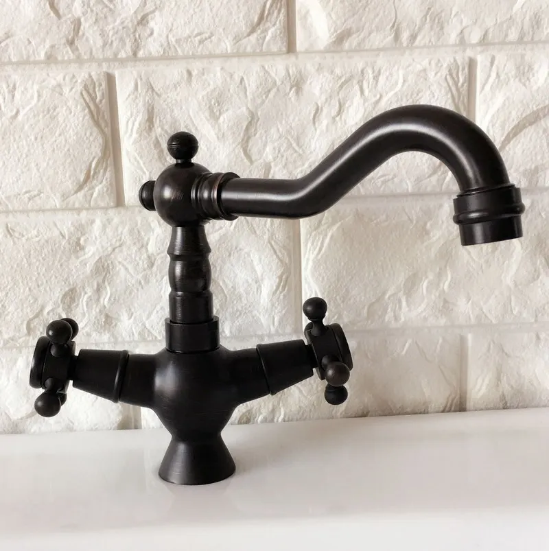Black Oil Rubbed Brass Dual Cross Handles One Hole Bathroom Kitchen Basin Sink Faucet Mixer Tap Swivel Spout Deck Mounted mnf360