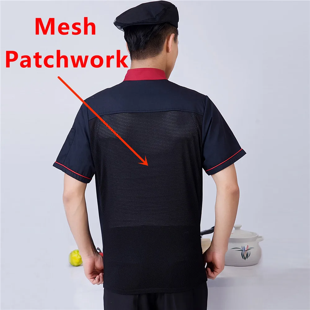 Mesh унисекс сетки лоскутное Лето короткий рукав топы для работы шеф-повара дышащая двубортная униформа для ресторана куртка фартуки