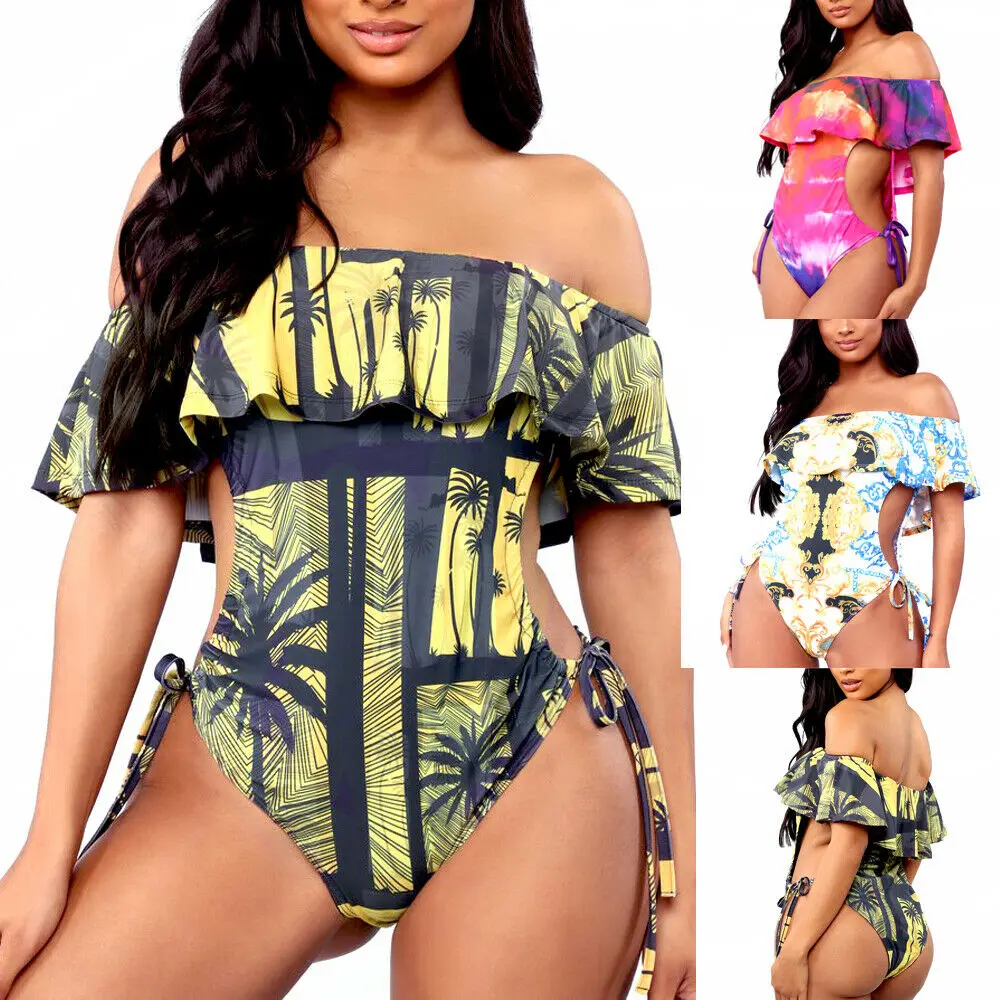 

Hirigin 2019 Ruffles Women Swimwear One Piece Swimsuit Sexy Off Shoulder Hollow Out Push Up Padded Swim Suit Women Bathing Suit
