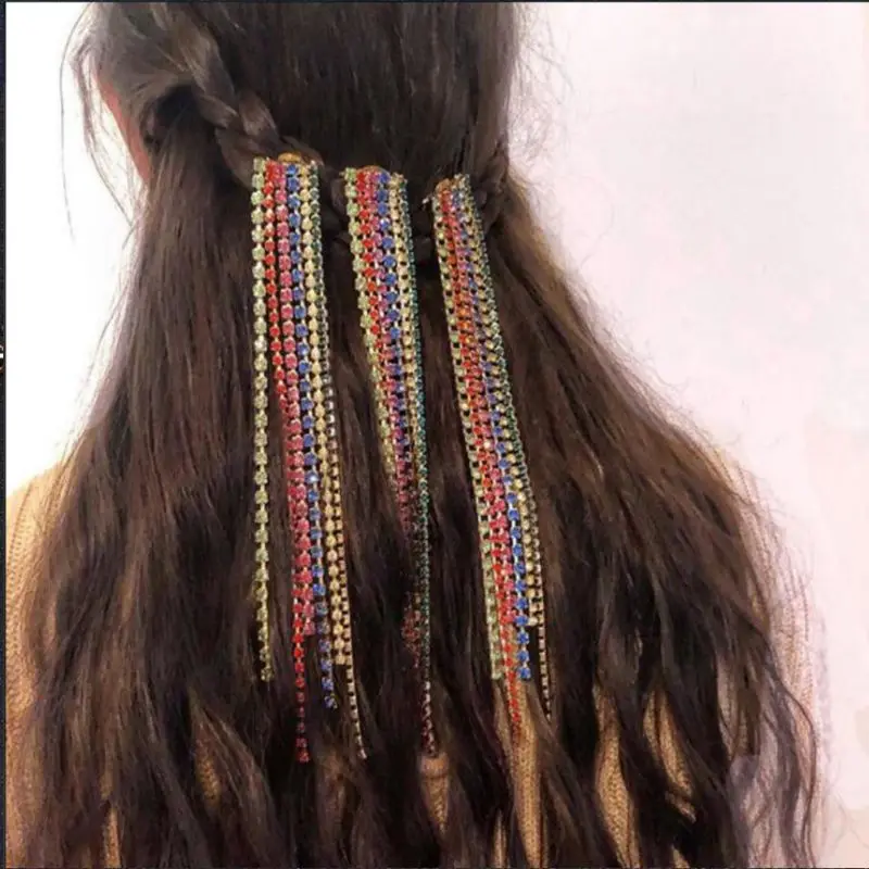 Summer Festival Rainbow Colored Rhinestone Hair Clip Comb Women Tassels Charms Wedding Jewelry Bridal Hairpin Barrette Accessory