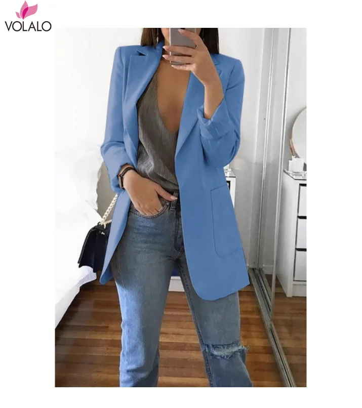 

2019 New Spring Women Blazer Long Sleeve Open Front Lightweight Casual Office Lapel Turn Down Collar Slim Jacket Outwear Female