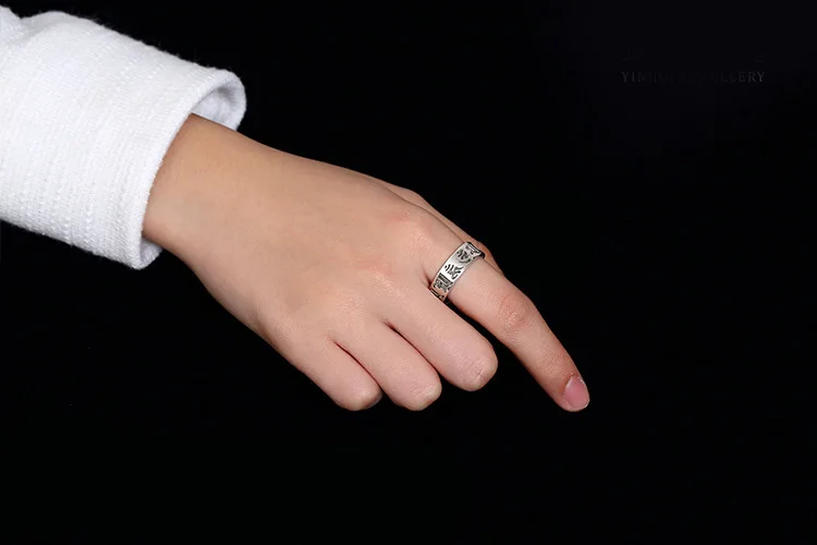 925 Sterling Silver Vintage Ring Buddhist Classic Six Character Mantra Personalized Gift Party Wedding Band