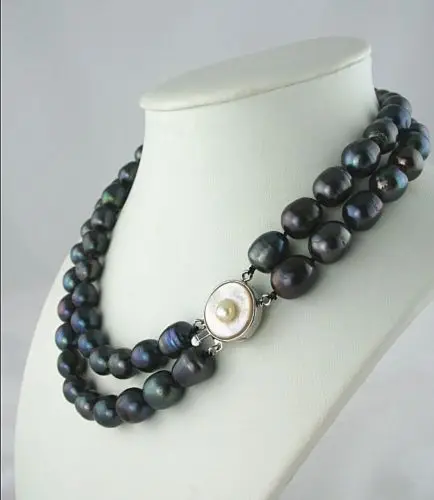 

ddh002096 2 ROW RARE TAHITIAN 10-12mm black baroque PEARL NECKLACE