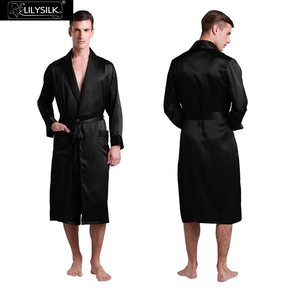 Lilysilk Bathrobe Chinese Silk Robe For Men 22 momme Dressing Gown Long Kimono Male Sexy Black