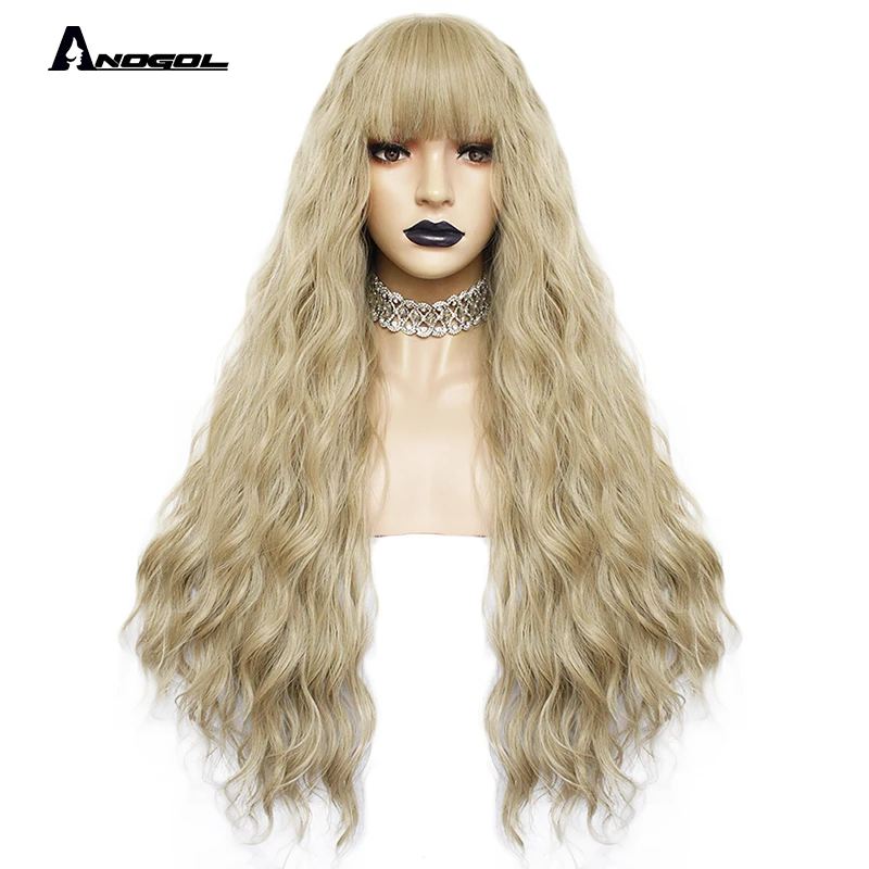 Anogol розовый длинный глубокий рулон волна Золотой Блонд черные волосы парики синий синтетический парик с плоской челкой бахрома для женщин