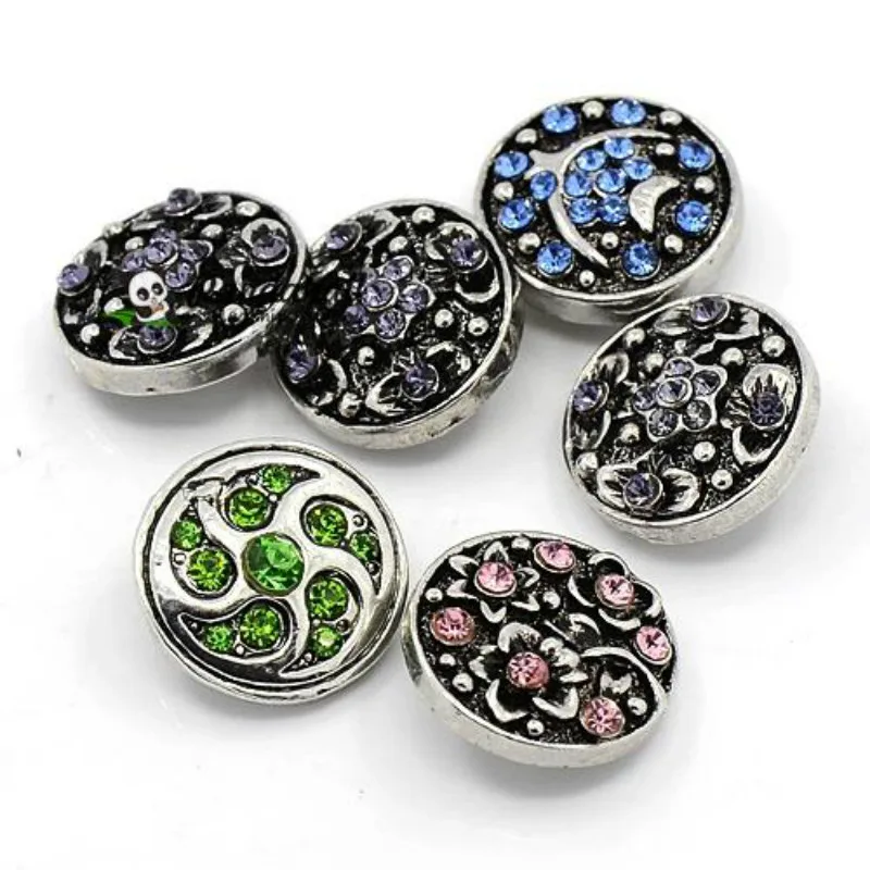 Zinc Alloy Snap Buttons, with Rhinestone, Flat Round, Mixed Style