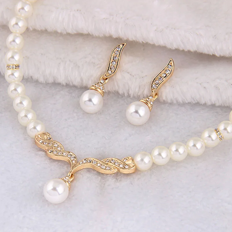 Creative Gold Color Necklace + 1 Pair Earrings Wedding Bridal Pearl Jewelry Set For Women Lady Female