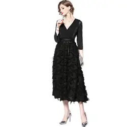 Летнее платье с v-образным вырезом и рукавами в семь точек, яркое шелковое платье с бахромой, модное сексуальное элегантное черное платье