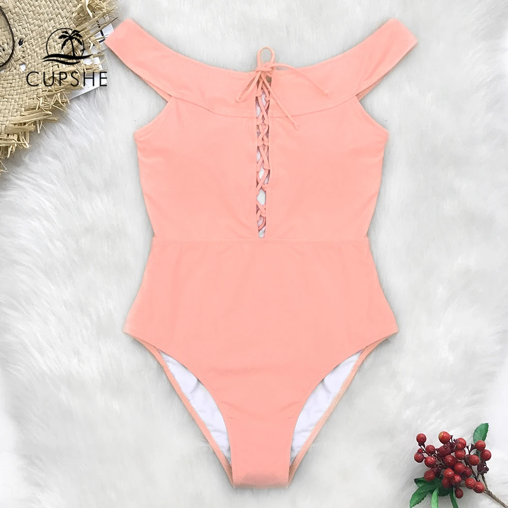 

CUPSHE Pink Lace-Up One-Piece Swimsuit Women Solid Monokini Swimwear 2019 Girl Sexy Beach Bathing Suits