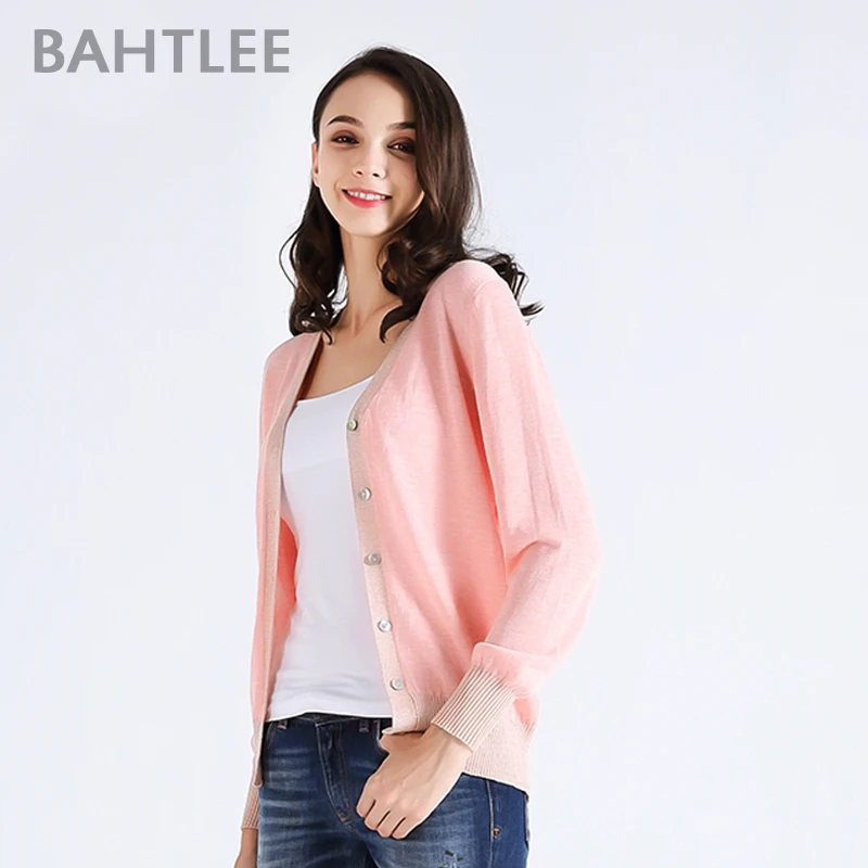 BAHTLEE spring autumn Women's tencel Coat Knitted Cardigan sweater V-neck Long Sleeves wool thin light Button |