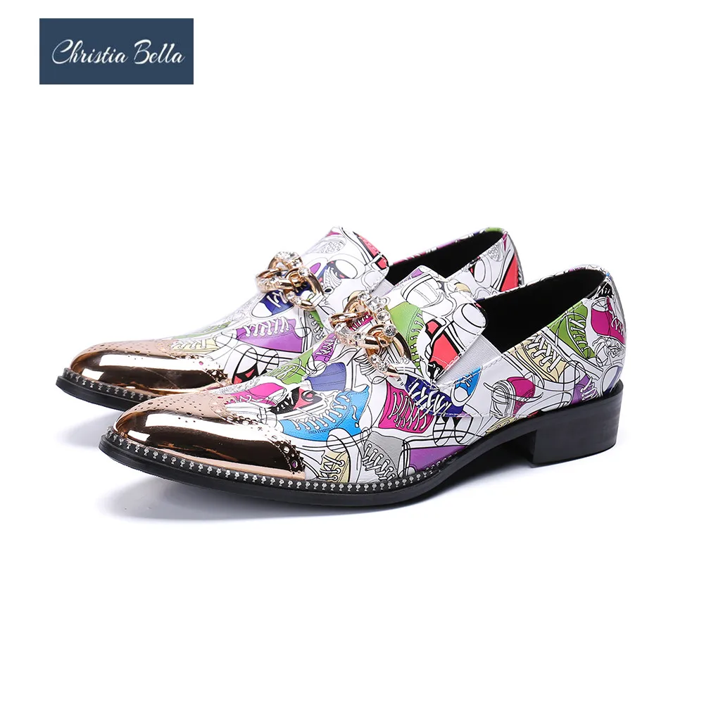 

Christia Bella Fashion Multicolour Print Wedding Party Men Shoes Bullock Cow Leather Men Dress Shoes Business Formal Shoes