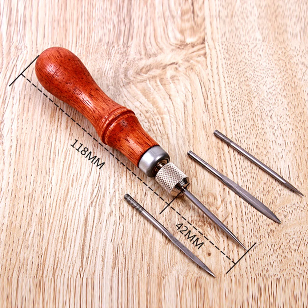 DIY Leather Craft Tools Handle 4 in 1 Stitching Lacing Scratch Awl Tool Hardwood Handle Leathercraft Stitching Sewing Tools