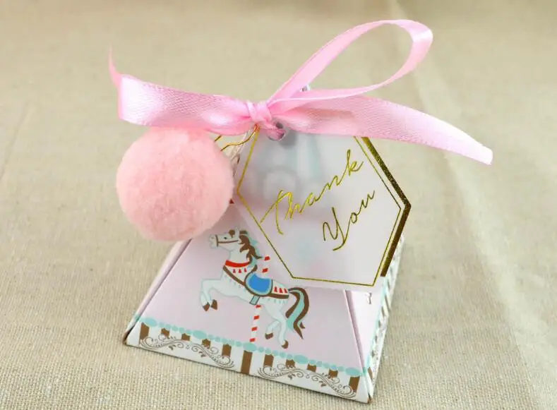 100 х Розовый/Синий Карусель треугольной пирамиды Baby Shower конфеты коробка из под конфеты День рождения украшения Детские подарок на крестины Коробки