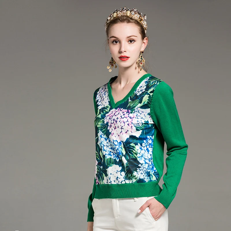 Patchwork Laine Mode Femmes Hortensia Tops Imprimé Designer Chandail Élégant Qualité Piste Fleur V Neck Casual De Haute 54jLqScR3A