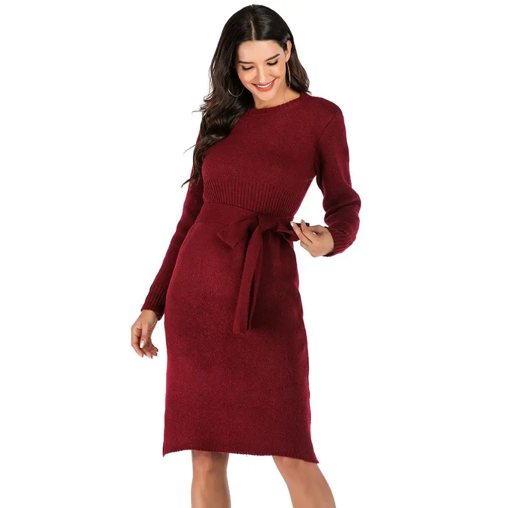 

Wixra Solid Knitted Dresses With Sashes Women Long Sleeve Knee-Length O Neck Dresses 2019 Autumn Winter New