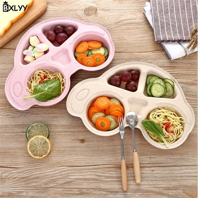 

BXLYY Cartoon Car Shape Children's Plate Green Wheat Straw Tableware Gadgets Birthday Party Decor Kids Kitchen Accessories.8z