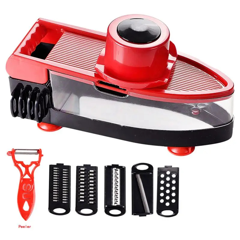 

Slicer Vegetable Cutter Grater Chopper Julienne 6 Interchangeable Blades & Peeler Hand Protector Food Container Potato Cutter