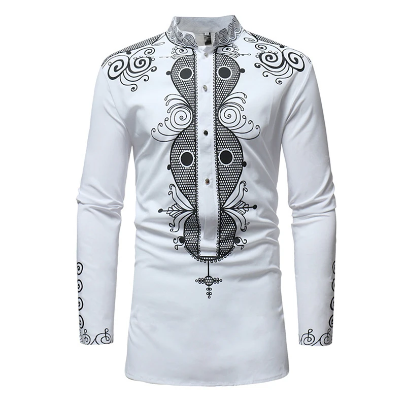 Новая Осенняя рубашка Masculina повседневные мужские рубашки винтажные Африканские Этнические рубашки с длинным рукавом и стоячим воротником Топы для мужчин - Цвет: white