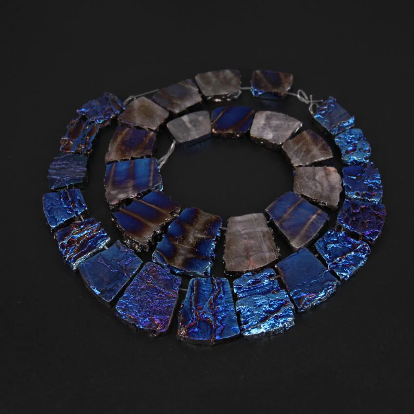 Craft Necklace Set Jewelry,Blue Coated Dragon Blood Stones Top Drilled Slab Beads,Rough Gems Graduated Slice Pendant,15pcs/str