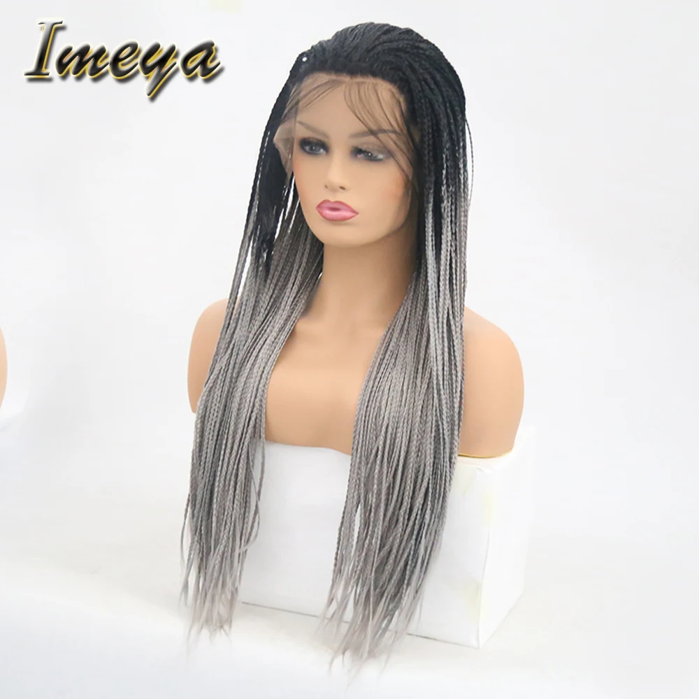 Imeya темные корни Омбре серый плетеный длинный синтетический парик на кружеве два тона плетеная коробка косички парики для женщин с детскими волосами