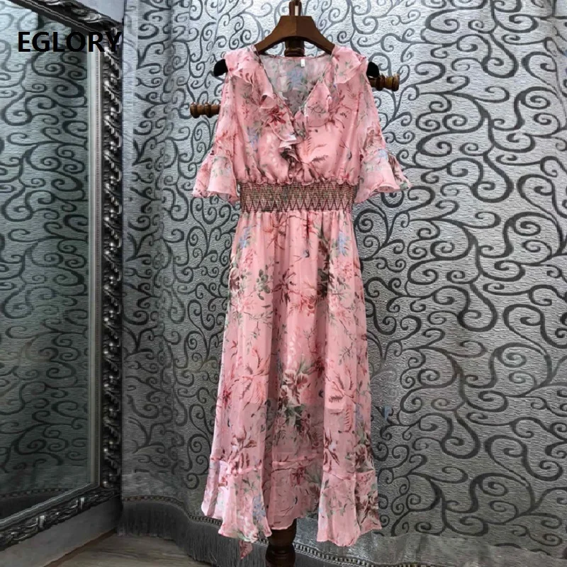 

High Quality Runway Dress 2019 Summer Pink Green Dress Women V-Neck Tunic Buttons Flare Sleeve Mid-Calf Casual Sundress Ladies