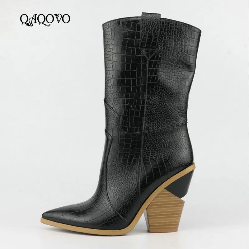 

Spring Autumn Cowboy Ankle Boots Women Wedges Square High Heel Western Boots Fashion Pointed Toe Snake Winter Female Shoes 2019