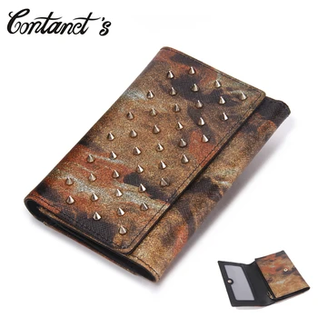 

Women Wallet Genuine Leather American Style Short Trifold Money Bag Ladies Party Gold Rivet Wallet Clutch Zipper Coin Purse