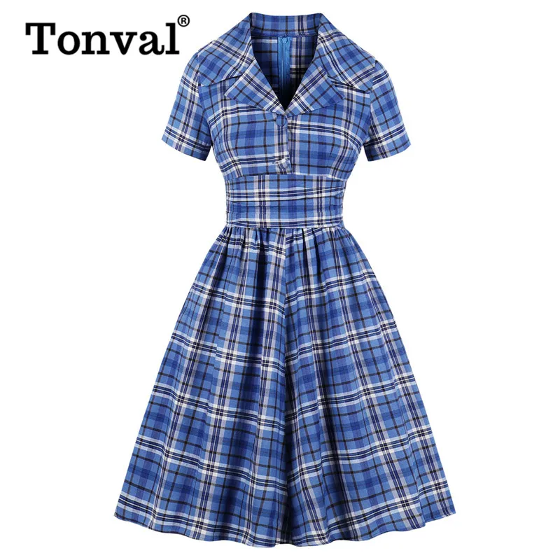 

Tonval Blue Plaid High Waist Tunic Pleated Dress Women Turn Down Collar Button Up 50s Tartan Autumn Pockets Vintage Dresses