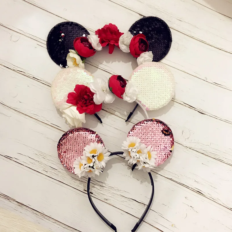 Baby Minnie Mouse Ears Hairband Artificial flower headband hair band for kis Photography Props accessories