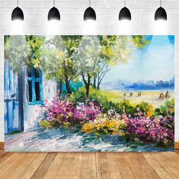 

Mehofoto Vacation Painting Theme Photography Backdrops European Courtyard Style Flower Tree Mountain Background for Photo Studio