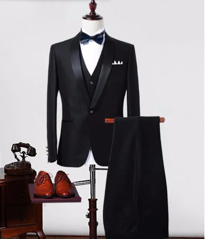 Мужские деловые костюмы на заказ, мужские свадебные модные черные вечерние смокинги для жениха(пиджак+ брюки+ жилет