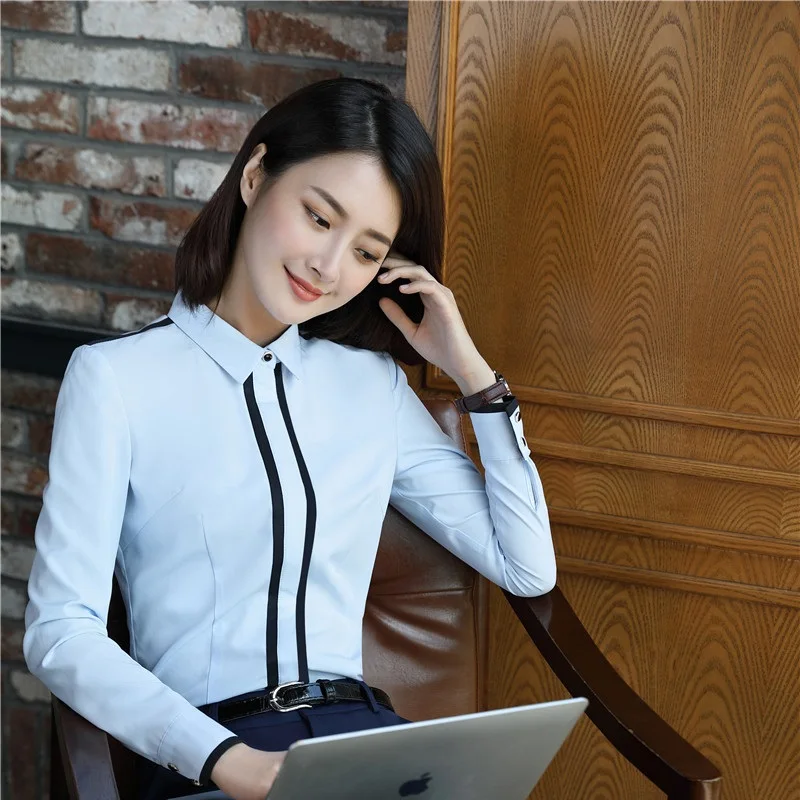

Fall Winter Slim Fashion Elegant Blue Formal OL Styles Blouses & Shirts For Women Blouse Female Tops Clothes Plus Size