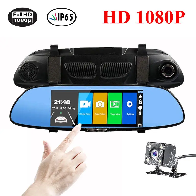 

Auto 7 Inch Touch Screen Dash Cam Car DVR Rear View Mirror Tachograph Mounted Recorder Dual Lens HD Night Vision with Reversing