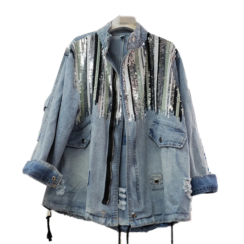

New Sequins Splice Bomber Denim Jacket Women Fashion Long Sleeve Standing Collar Vintage Hole Drawstring Jeans Jacket Female