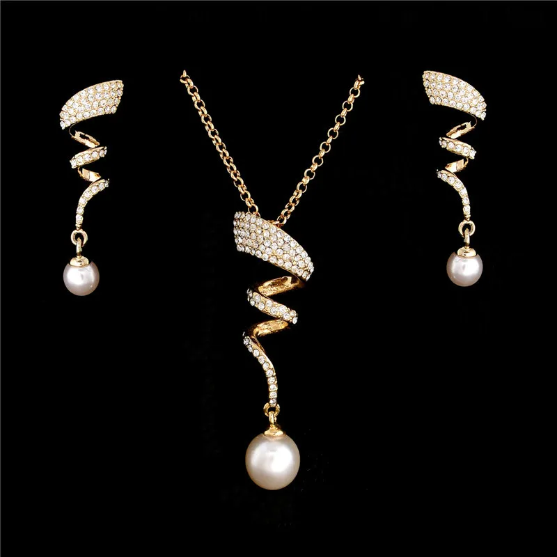 

Fashion Costume Jewelry Sets Vintage Imitation Pearl necklace Gold jewelry set for women Clear Crystal Elegant Party Gift Bijoux
