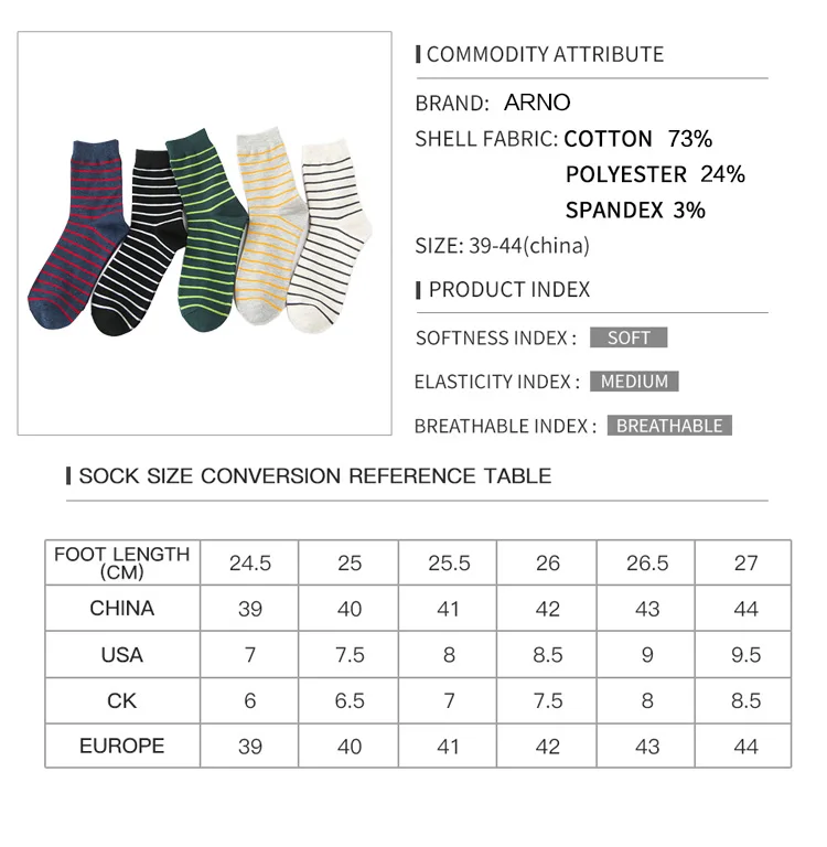 ARNO 5 пар/лот фирменные мужские носки Разноцветные носки хлопковые мужские полосатые дизайнерские свободные размеры LW5001-5L