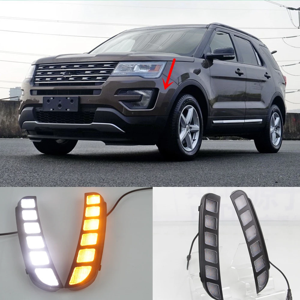 

CSCSNL 2pcs ABS Car LED DRL 12V LED Daytime Running Light Daylight For Ford Explorer 2016 2017 Yellow Turn Signal Function