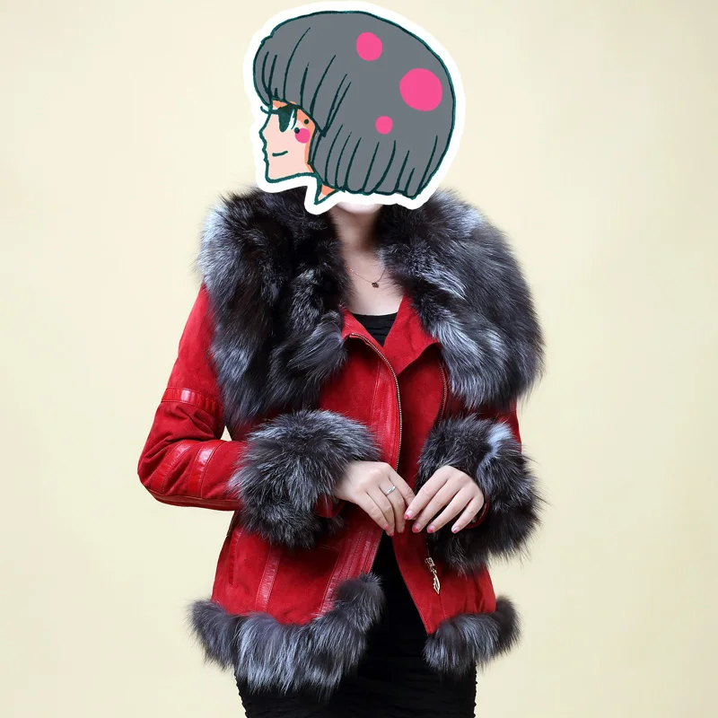 Зимние женские пальто из натурального меха мото& Байкер пальто из натуральной кожи воротник из лисьего меха размера плюс куртки из натурального меха женская одежда