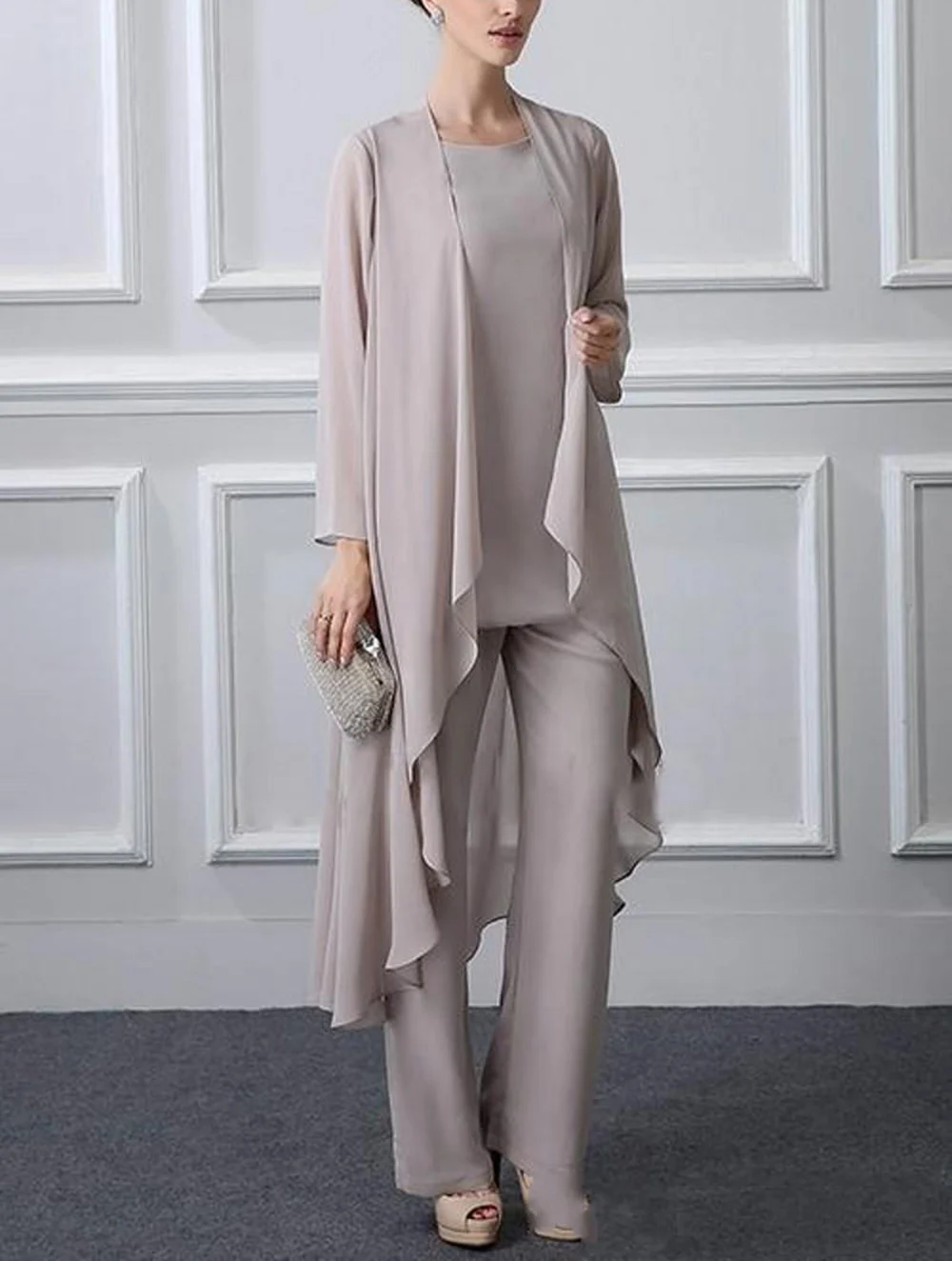 Vrouwen 3 stuks Elegante Ruches Chiffon Moeder van De Bruid Jurk broek pak Lange Mouwen met jacket outfit voor bruiloft bruidegom Vrouwen 3 stuks Elegante Ruches Chiffon Moeder van De Bruid Jurk broek pak Lange Mouwen met jacket outfit voor bruiloft bruidegom