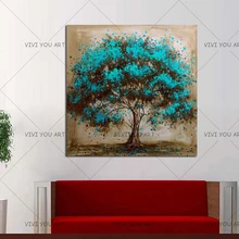 Ручная роспись, современное голубое дерево, украшение, картина маслом на холсте, ручная работа, пейзаж, настенная живопись, домашний декор, картины