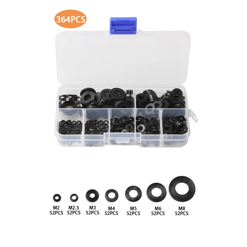 

364Pcs Metric M2-M8 Black Nylon Flat Ring Plain Repair Washer Furniture Gasket Assortment Kit