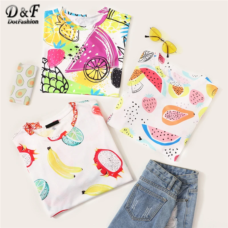 Dotfashion, женская бежевая футболка с фруктовым принтом,, летние повседневные топы с коротким рукавом, одежда для девушек, корейская мода, футболки