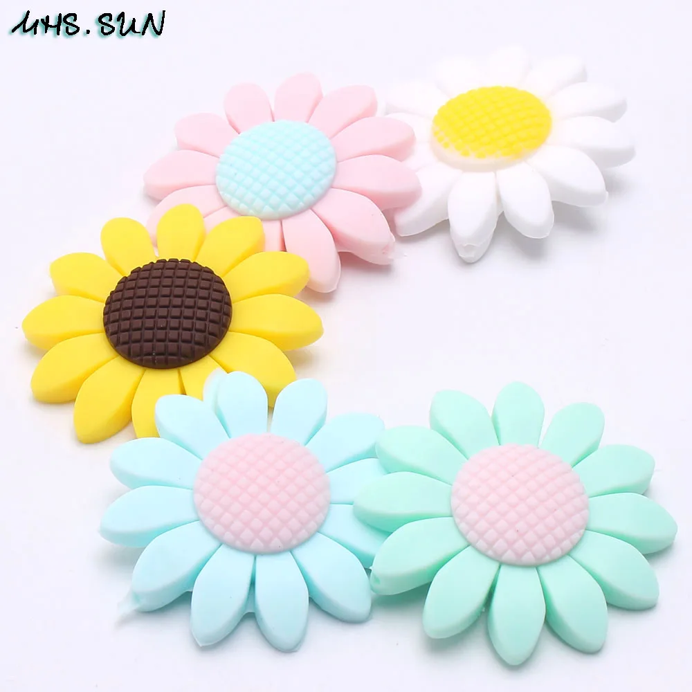 

MHS.SUN Large Sunflower Food Grade Silicone Beads 5PCS Baby Flower Teether For Infant Chewing Pacifier Chain DIY Nursing Jewelry