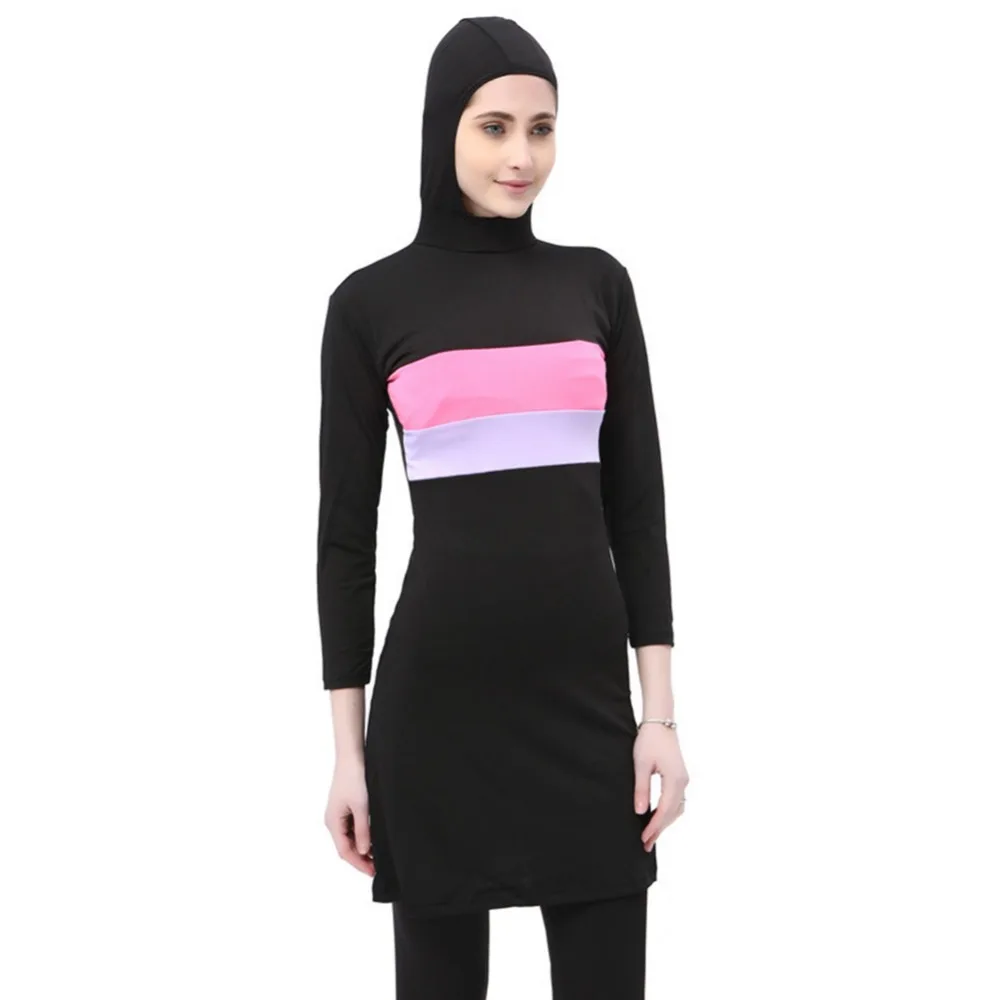 

Women Long Sleeve Beachwear for Muslim Contrast Color Hooded Arab Hijab Islamic Swim Surf Wear Burkinis Suit Swimsuit Plus Size