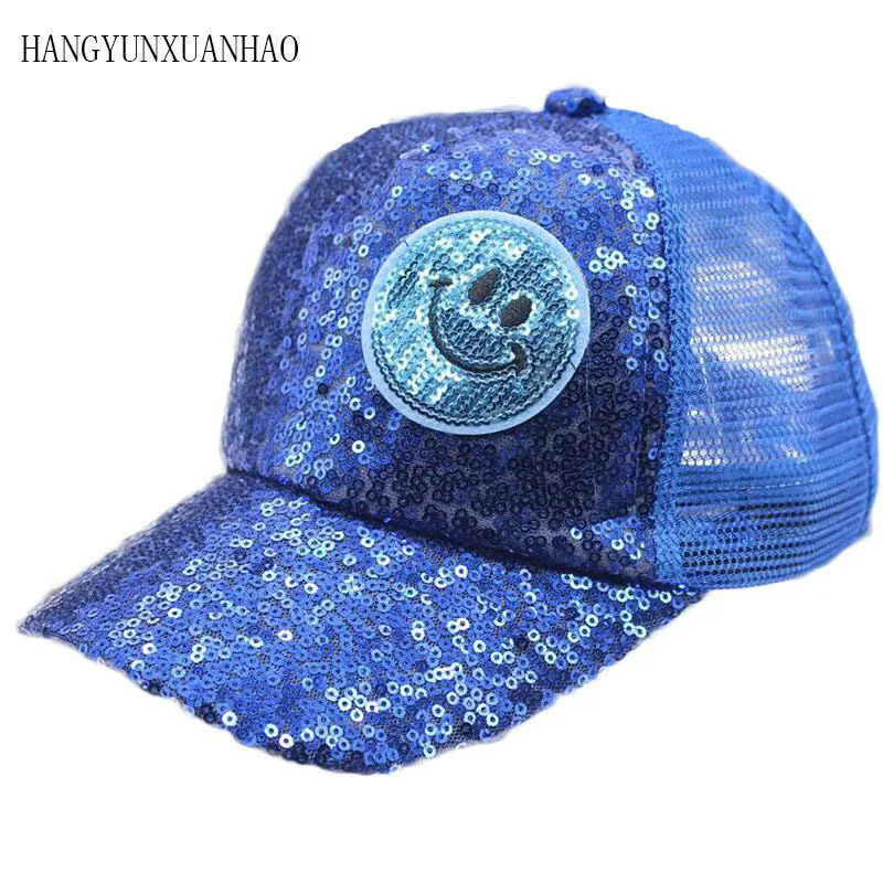 

2019 Summer Cap Children Girls Boys Snapback Sequin Blue Smiley Face Baseball Cap Adjustable Sun Hat Sequined Net Hats