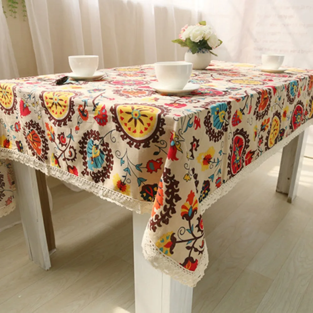 Rectangle Lace Edge National Style Tablecloth Linen Embroidered