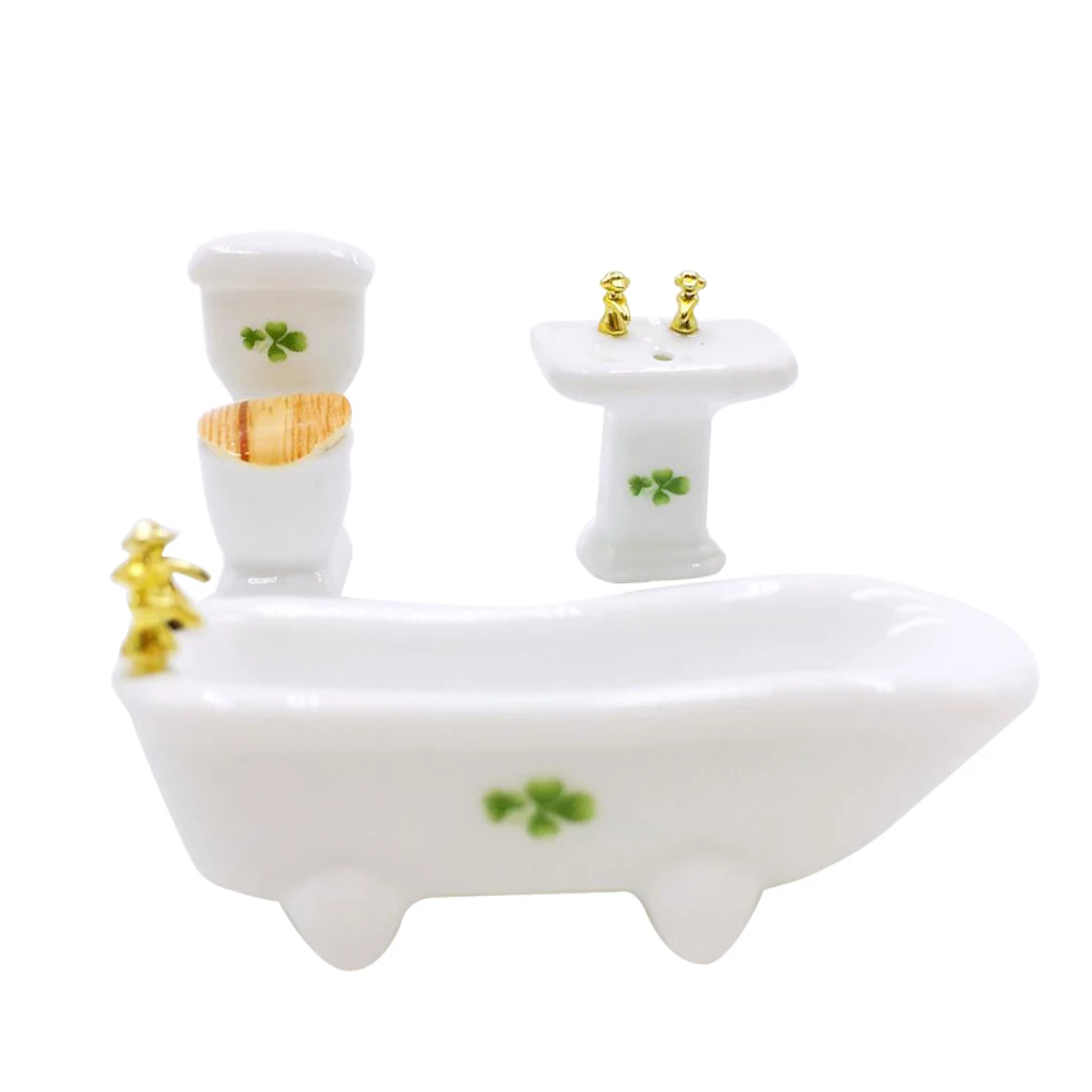 1/24 Vivid Dollhouse Miniature Bathroom Set Ceramic Bathtub Toilet Wash-basin Doll Porcelain Bathtub