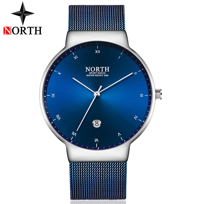 NORTH часы мужские роскошные брендовые ультра-тонкие кварцевые часы синие стальные сетчатые модные водонепроницаемые часы мужские спортивные часы Reloj Hombre