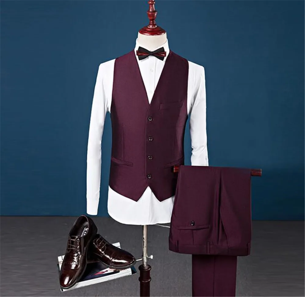 Высокое качество Бургундия Свадебный Мужской костюм Slim Fit костюмы 3 шт. свадебный смокинг для мужчин жениха(куртка+ брюки+ жилет
